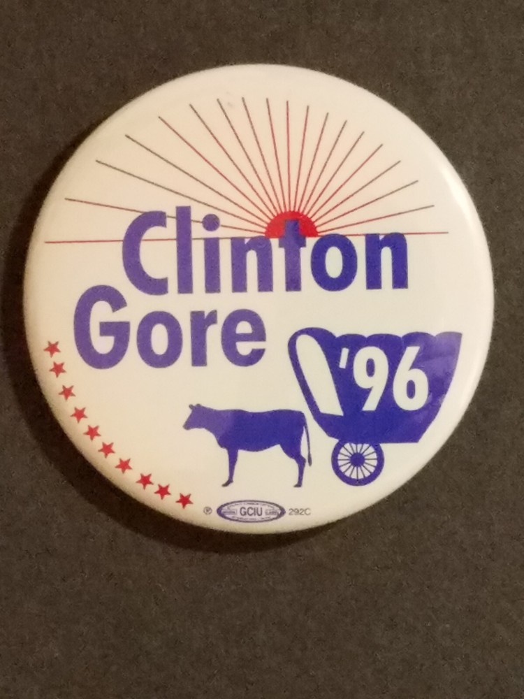Clinton Gore 96 Covered Wagon Pinback Button