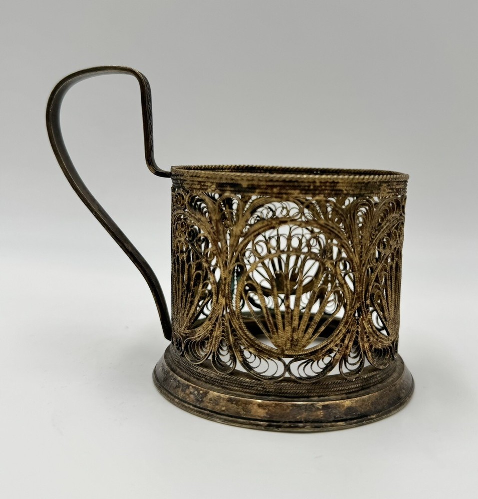 Coaster tea Cup Holder Cupronickel Silver Plated Filigree MNTs USSR.