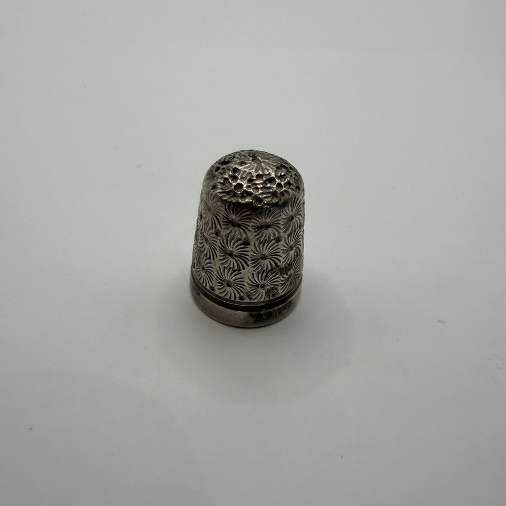 Antique Silver Sewing Thimble Floral Pattern Pierced Top Patented