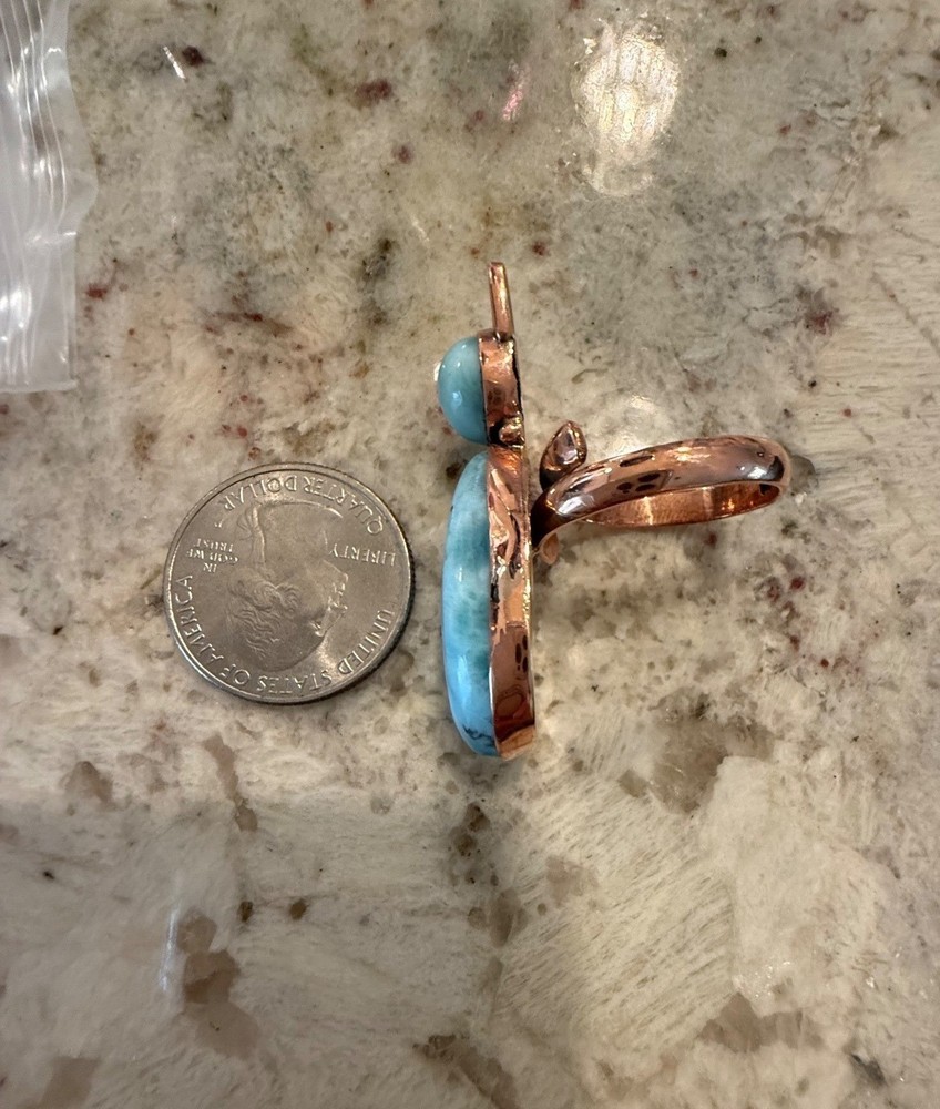 Artisan Cat-Shaped Larimar Copper Statement Ring Adj Handcrafted Whimsical gift