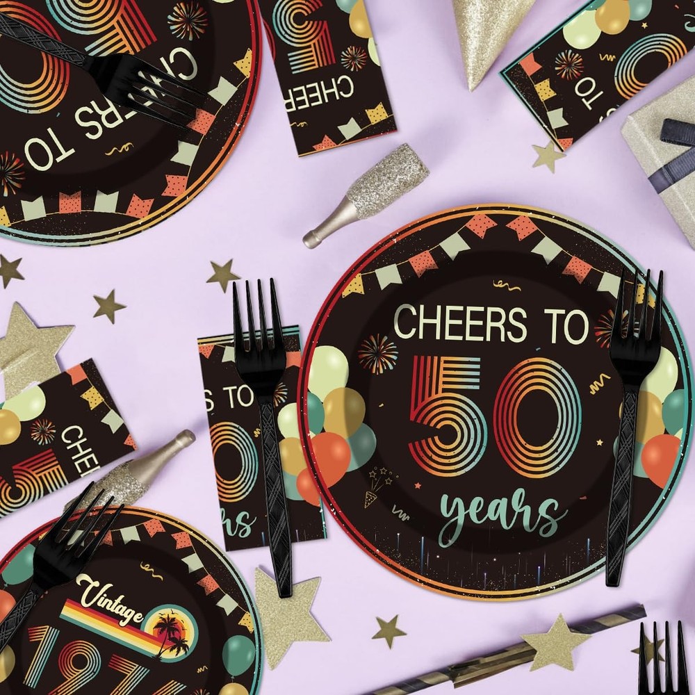 50th Birthday Decorations Set - 96 Pcs Tableware for 24 Guests, Disposable Decor