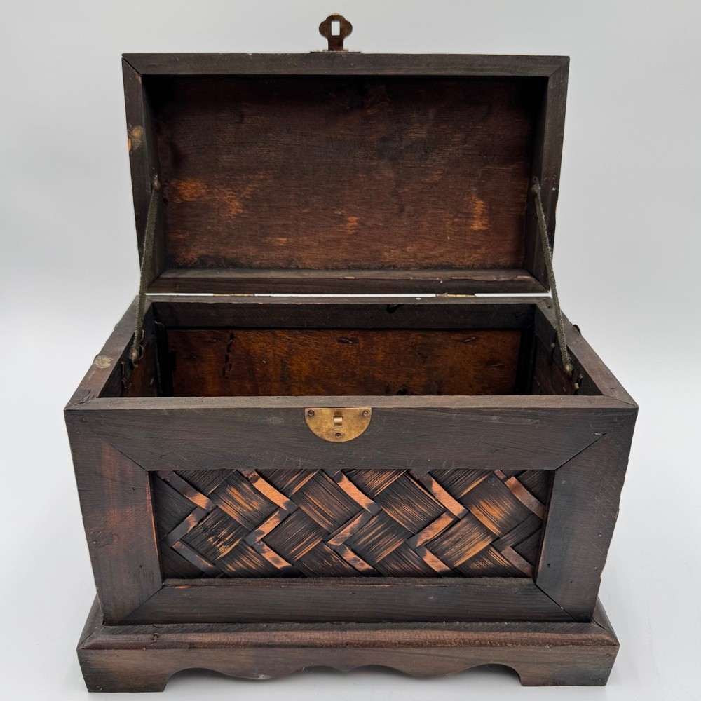 Vintage Woven Panel Wooden Chest Metal Accent Rustic Storage Keepsake Box Rustic