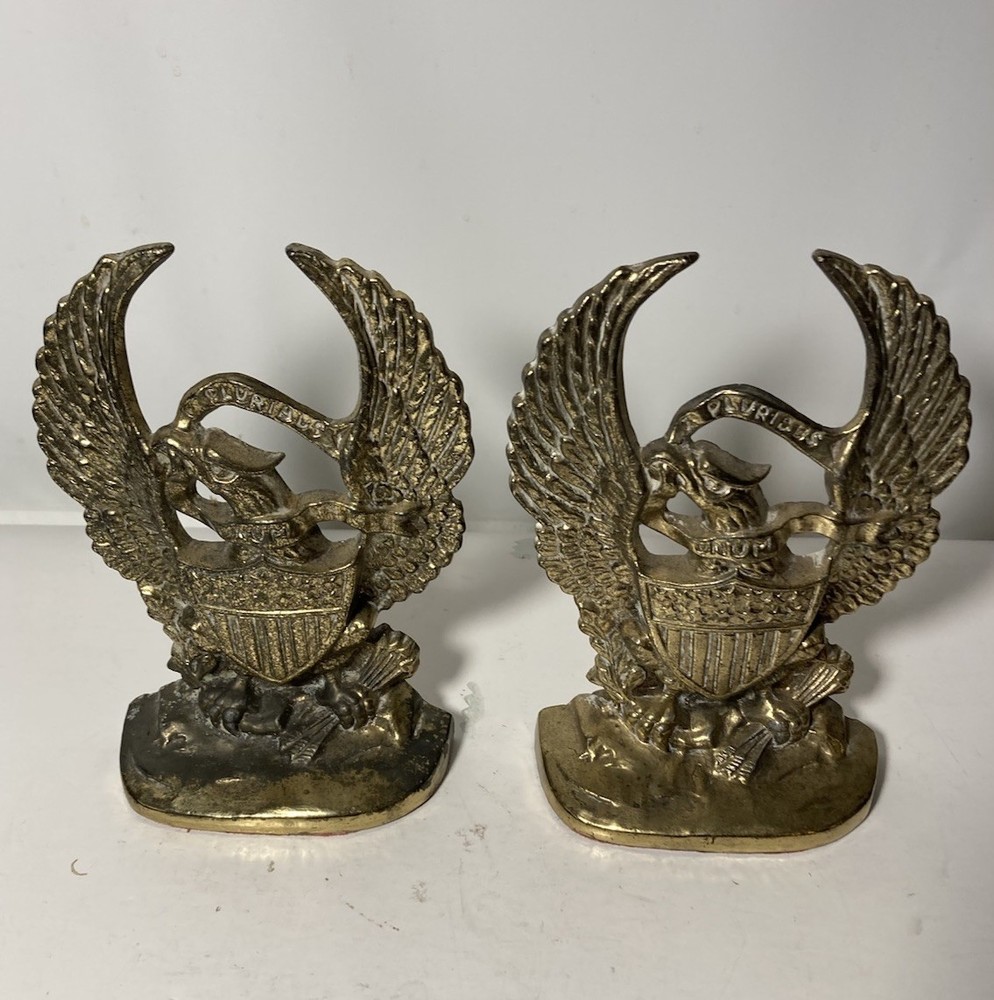 Vtg Solid Brass American Eagle E Pluribus Unum Shield Bookends-US Made-7.5x4.5”