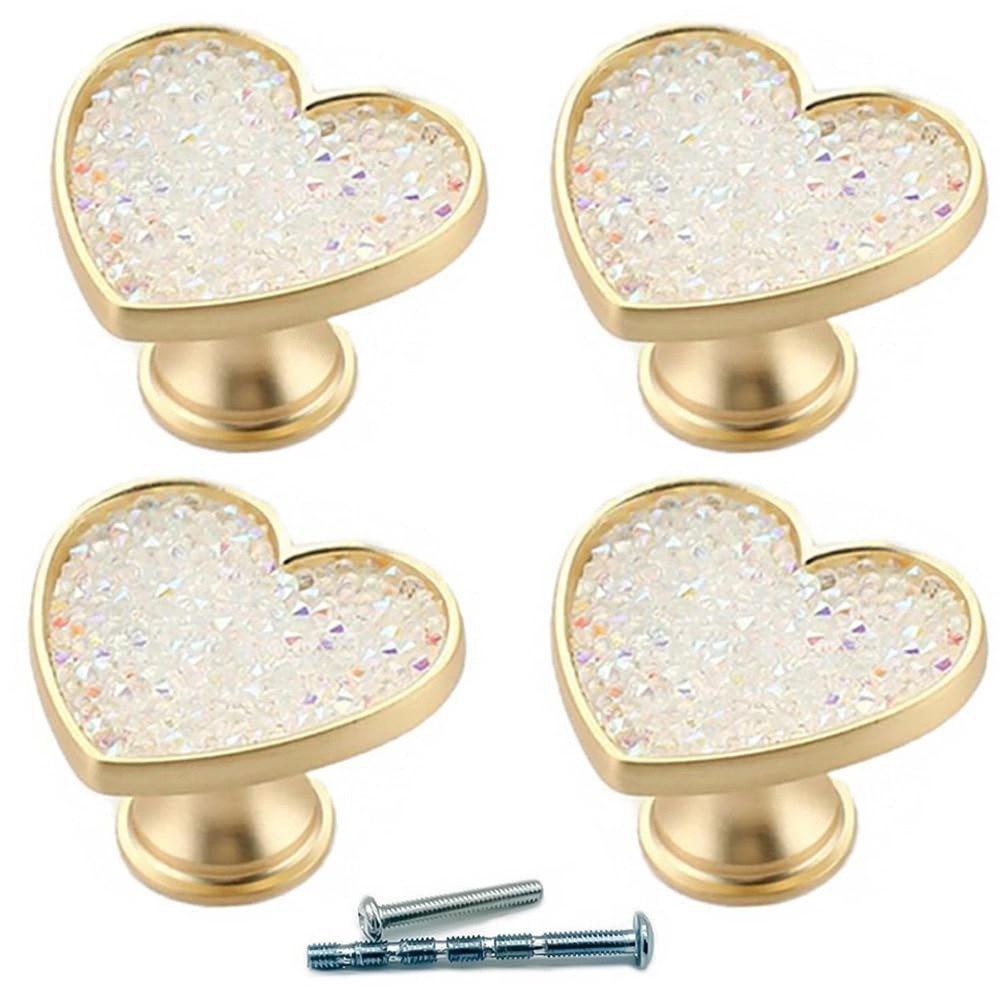 4Pcs Golden-Brass-Heart-Drawer-Knobs, White-Crystal-Cabinet-Knobs, Gold-Coppe...