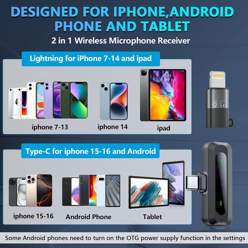 Wireless Microphone Mini Mic for iPhone/Android Phone, LED Display Lavalier Micr