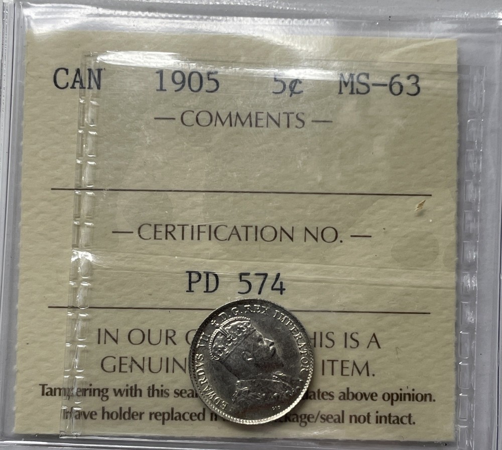 1905 Canada 5 Cent. ICCS Certified MS-63. C-2241