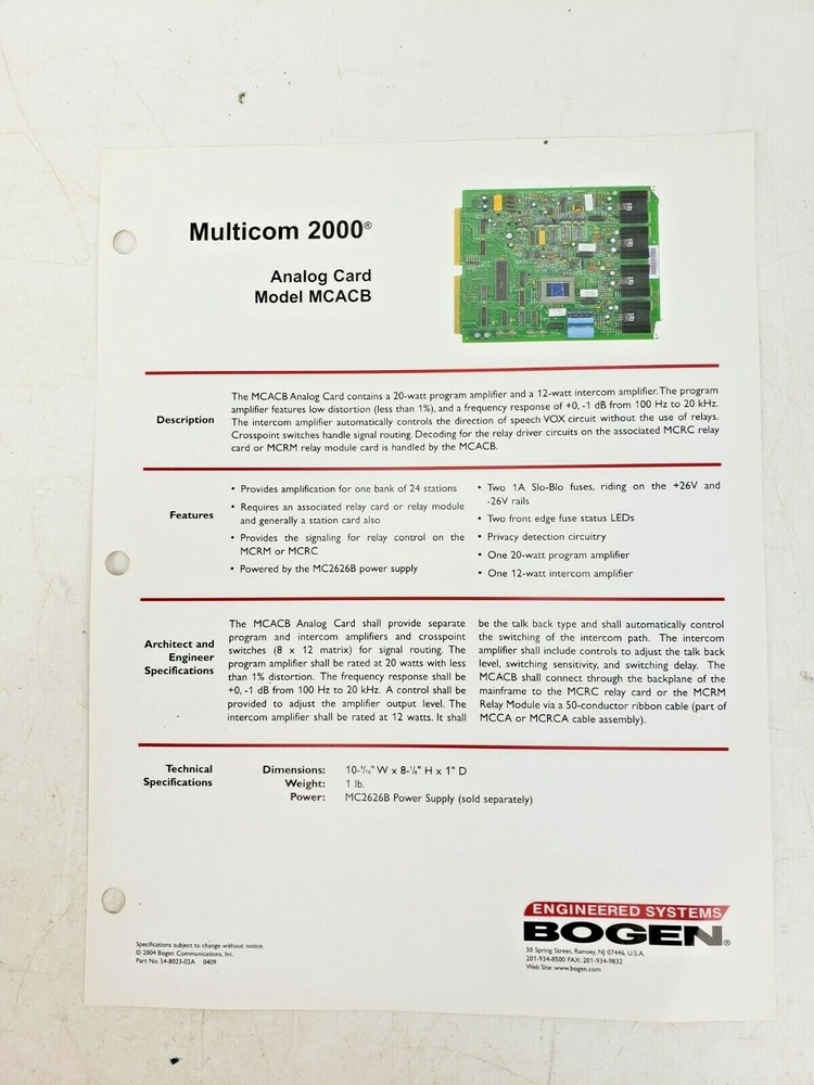 Bogen Multicom 2000 Analog Card MCACB Intercom System Used AS IS #8