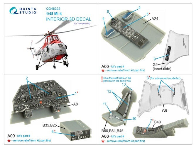 Quinta Studios 1/48 MIL Mi-4 3D DECAL COLORED INTERIOR SET Trumpeter