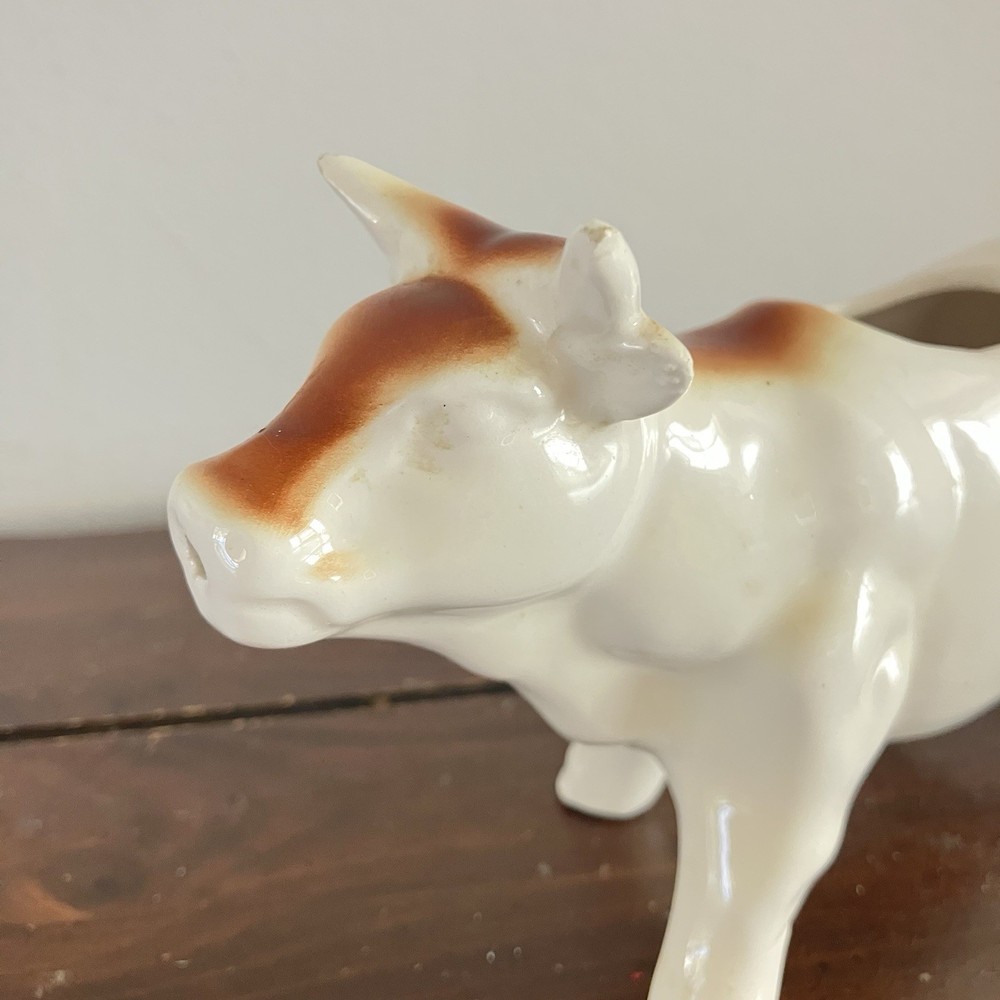 Pottery Barn Ceramic Cow Creamer Brown White Tail with Handle