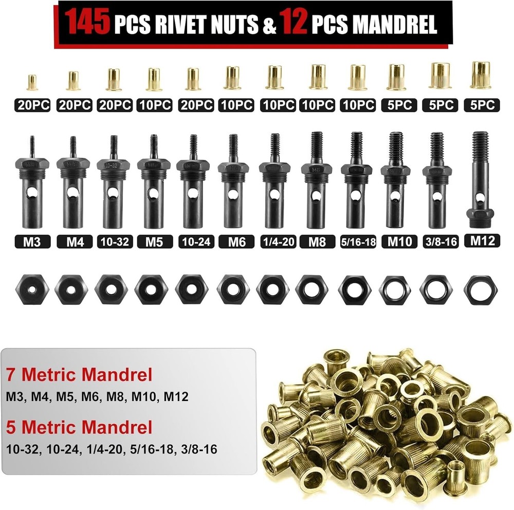 145Pcs Rivnuts 16" Rivet Nut Tool, Professional Hand Rivet Nut Setter Kit