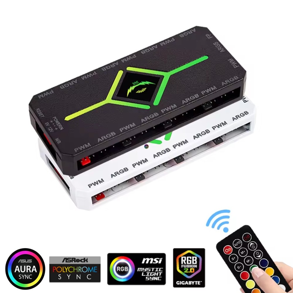 9 RGB / ARGB Fan PWM Strip Controller Hub Splitter with Remote for Computer PC