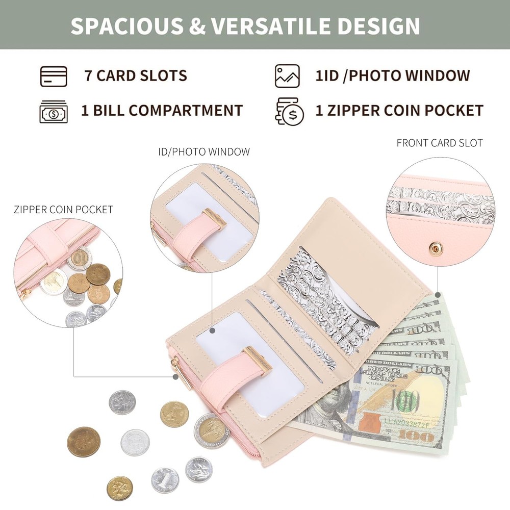 Women’s RFID Blocking Leather Wallet – Small Compact Bifold Wallet with Zippe...
