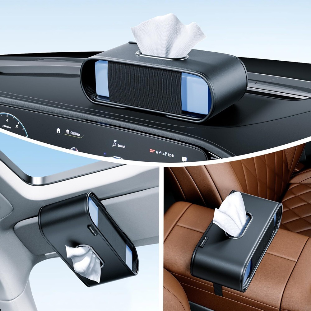 Premium PU Leather Car Tissue Holder - Fits Standard Rectangular Tissue Boxes