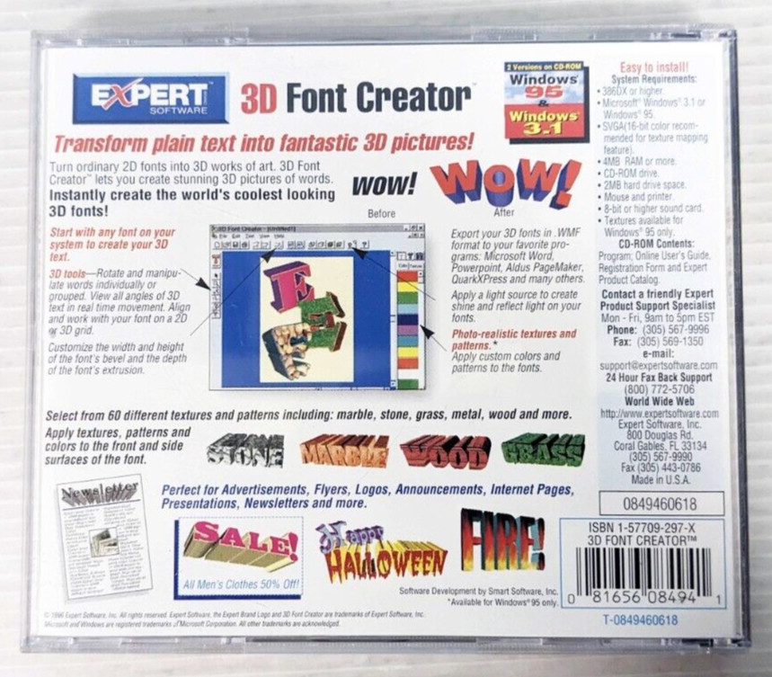 Expert Software 3D Font Creator CDROM Win 95 Font Creator w/3000 Photo Gallery