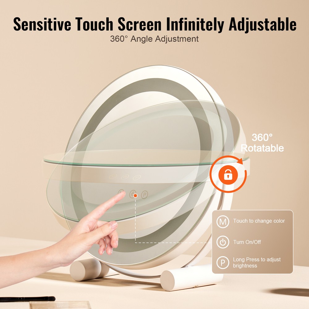 VEVOR 12" Lighted Vanity Mirror LED Bedroom Makeup Mirror Round w/ Smart Touch
