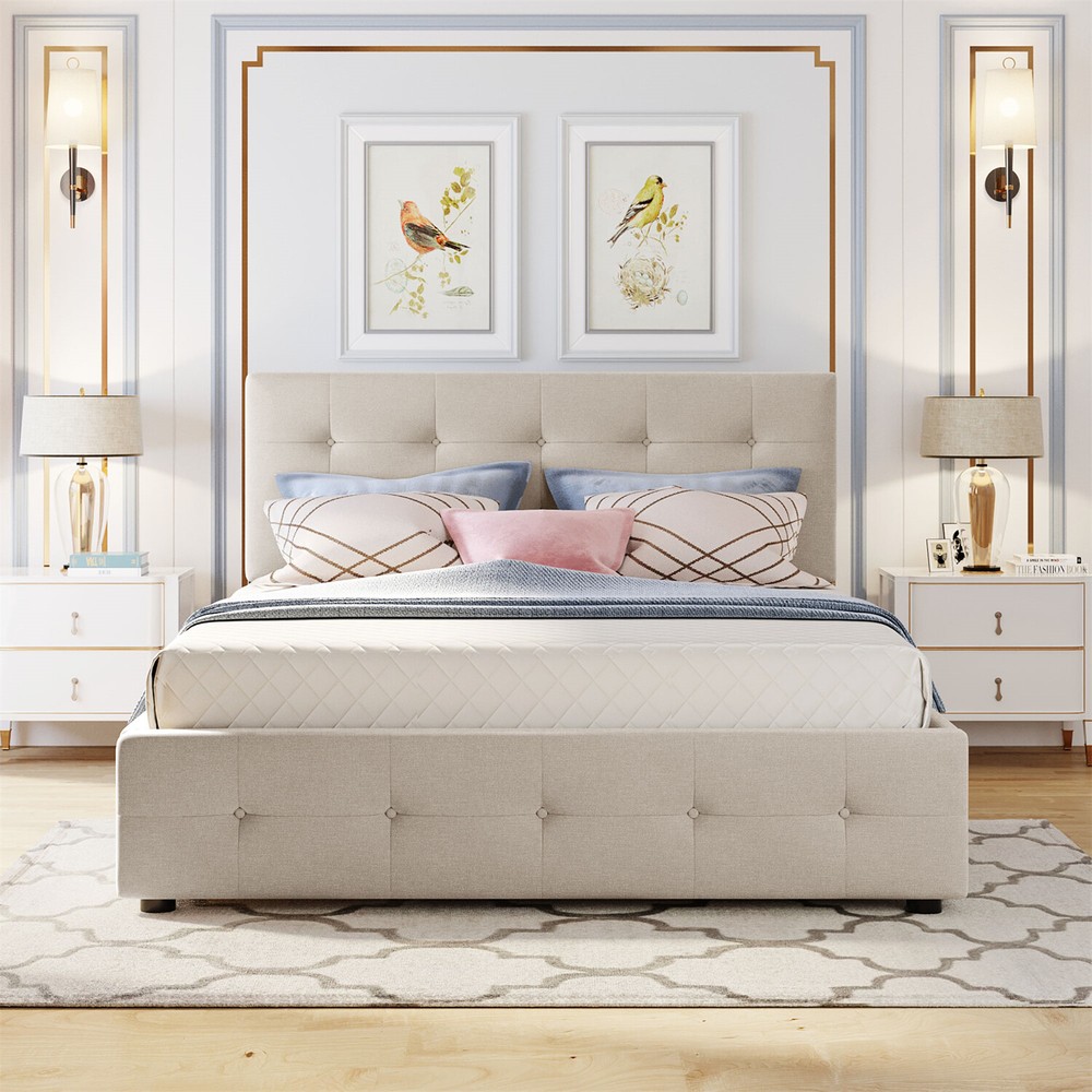 Queen Size Bed Frame Upholstered Platform Bed with Pull-Out Trundle & 2 Drawer