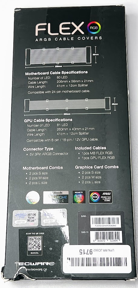 TECWARE Flex ARGB PSU Cable Cover Kit White 24-Pin 8/16-Pin Open Box