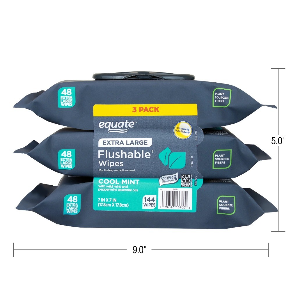 Extra Large Flushable Wet Wipes Cool Mint Scent 144 Count 3 Pack