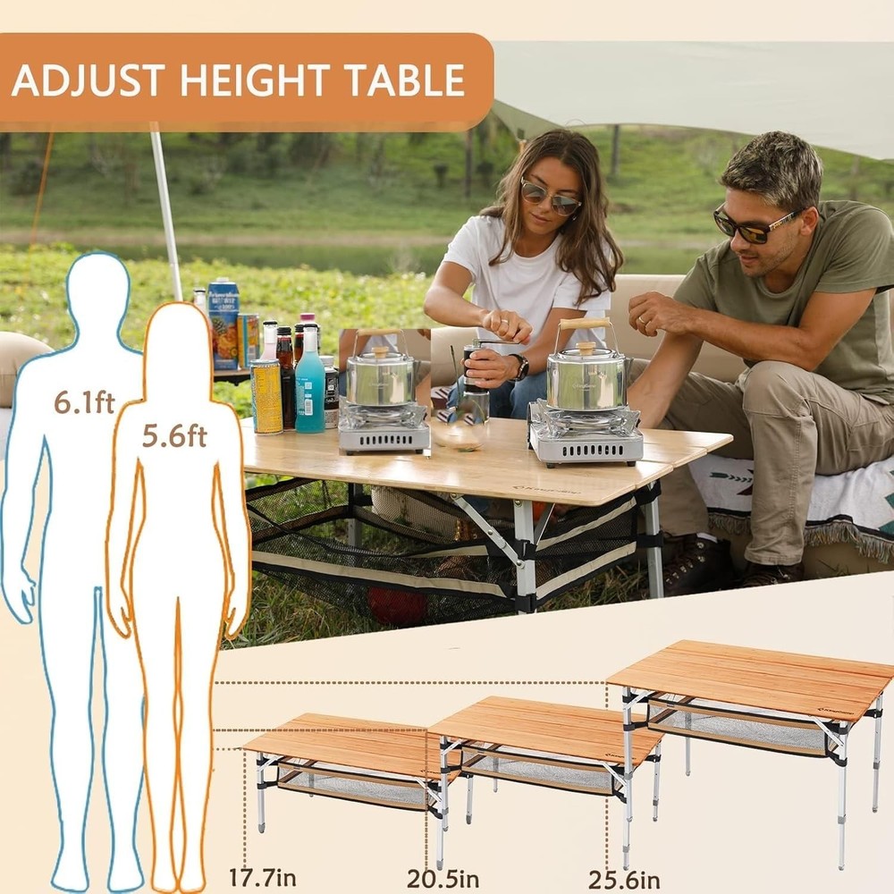 KingCamp Bamboo Folding Camping Table - Lightweight, Adjustable Height, Durable