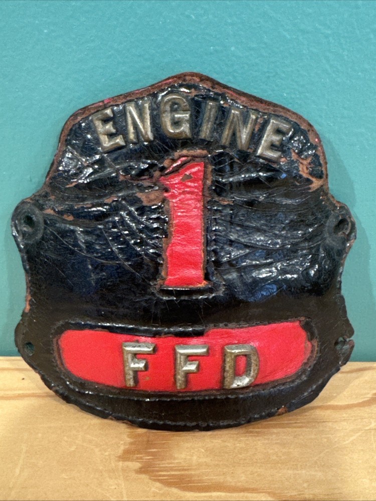 VINTAGE FFD FIRE HELMET LEATHER FRONT SHIELD - Engine 1 Metal Letters