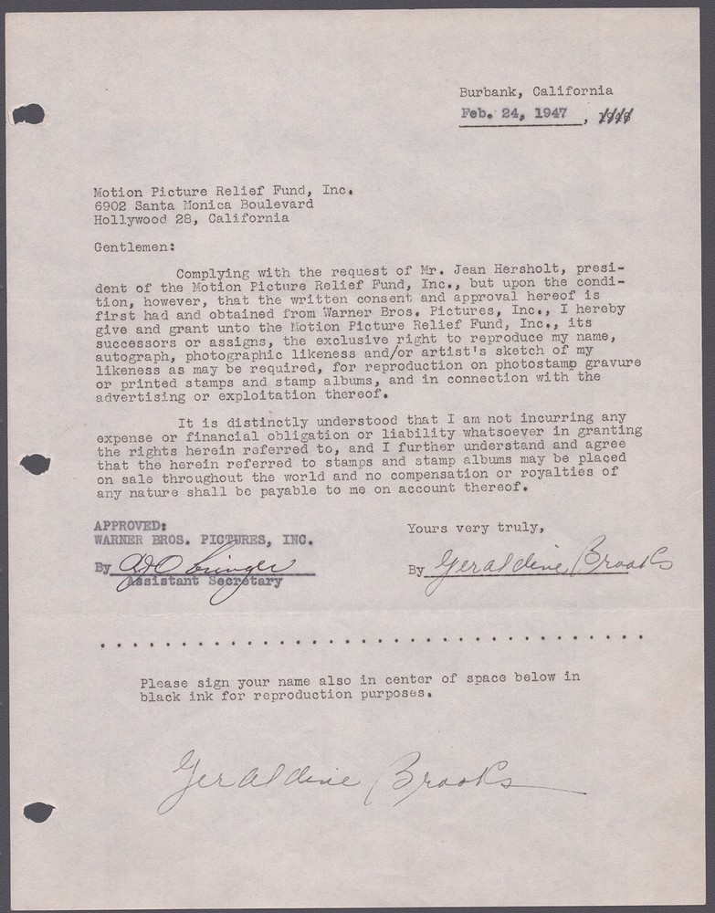 GERALDINE BROOKS - DOCUMENT DOUBLE SIGNED 02/24/1947