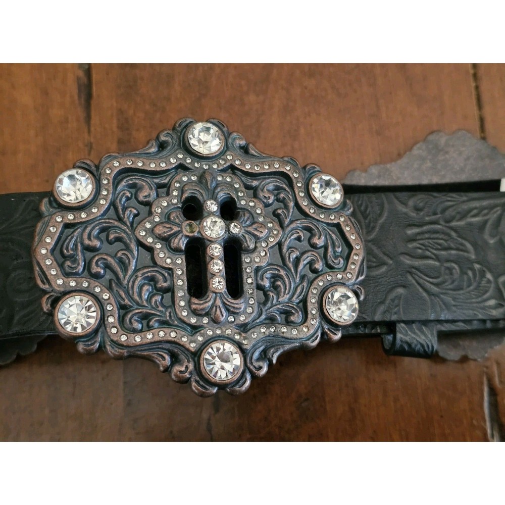 Shyanne Cross Concho Tooled Strap Belt Medium Black Leather