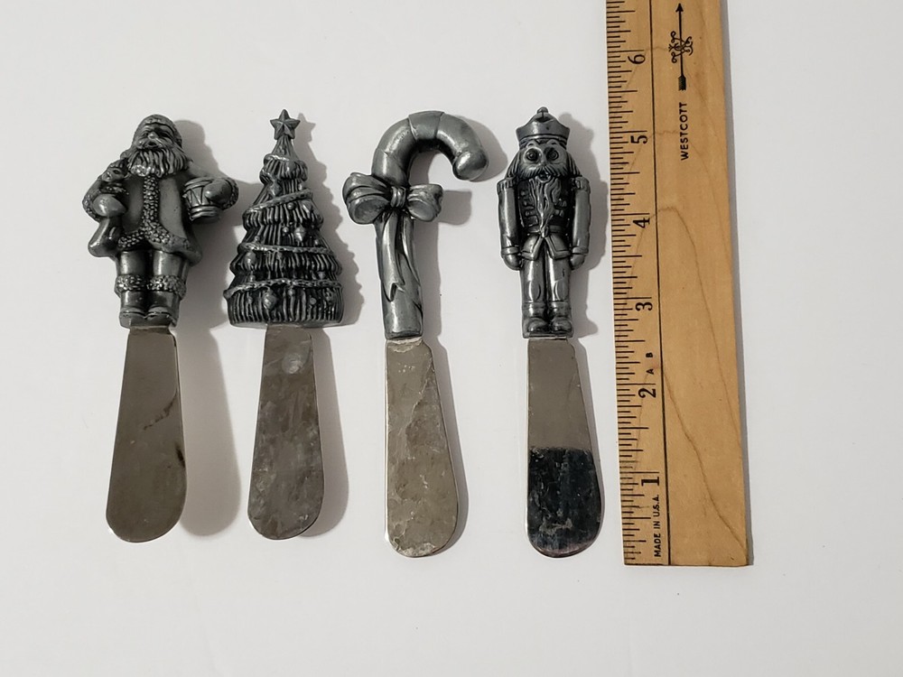 Christmas 4 Pewter Santa Nutcracker Tree Candy Cane Butter Cheese Spreader Set
