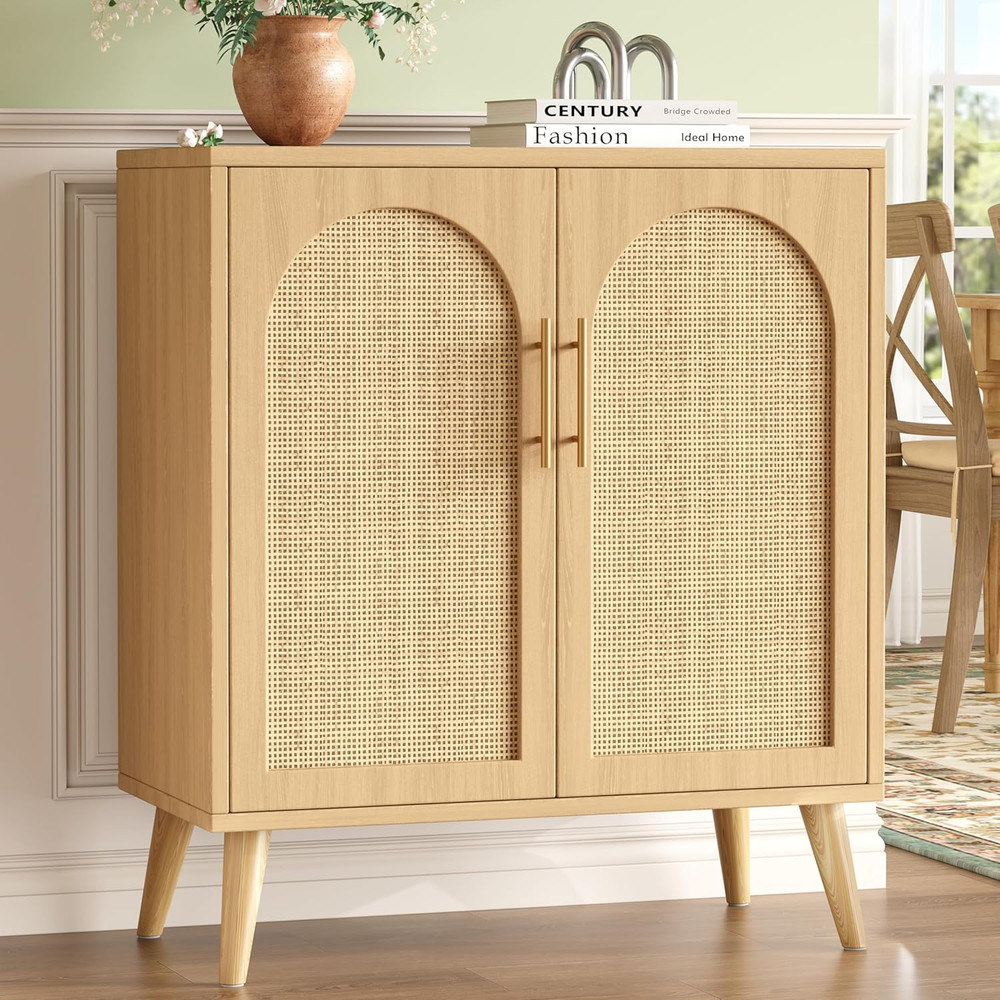 Rattan Buffet Cabinet with Storage, Boho Buffet Table with Adjustable Shelf and