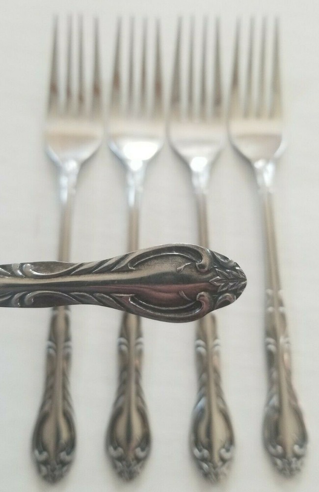 4 National Stainless NST8 Dinner Forks Scrolls Leaf Design Korea