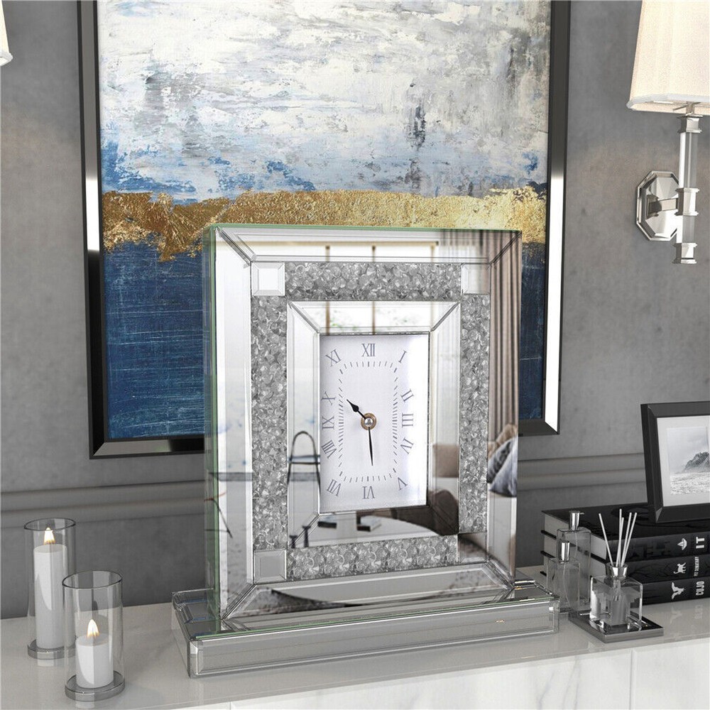 Silver Crushed Diamond Clock Mirrored Table Desk Clock fr Home Office Decorative