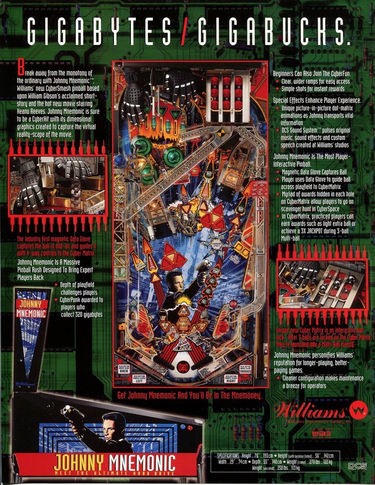 Johnny Mnemonic Williams Pinball Flyer /Brochure/ Ad - Mint