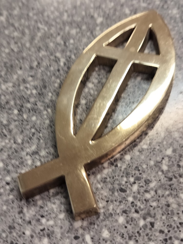 Solid Brass Fish Cross Emblem Paperweight
