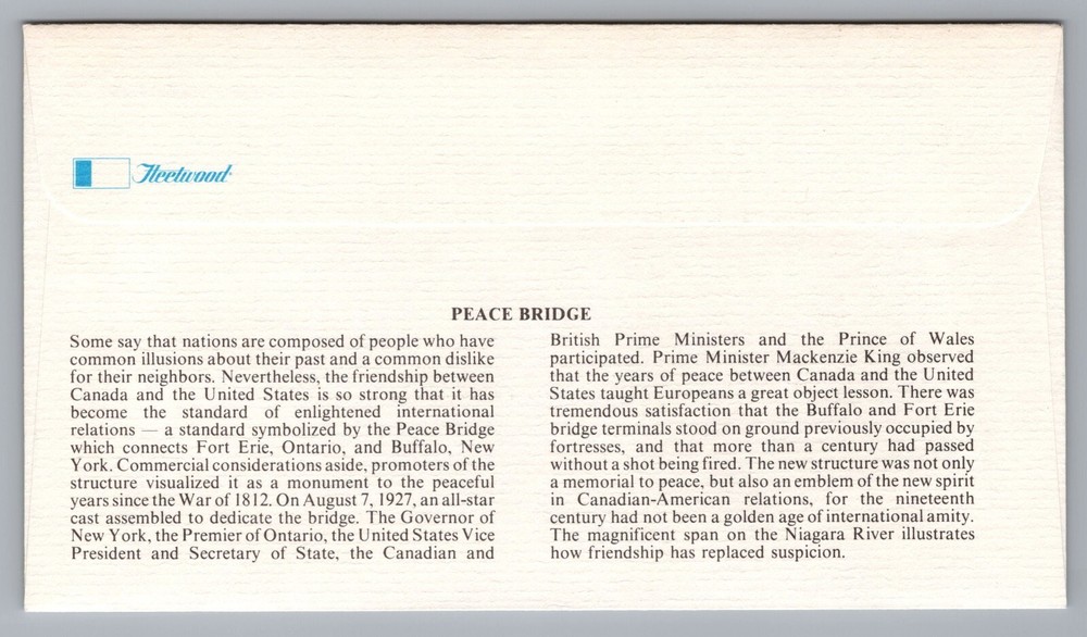 1977 Canada First Day Cover Peace Bridge (Eagle & Maple Leaf) Ontario - Buffalo