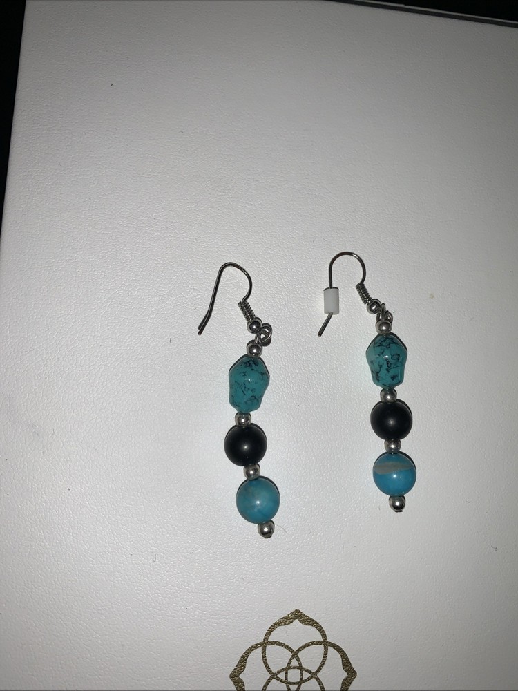 turquoise Dangle Earrings With Black Stone Between Two Turquoise Stones
