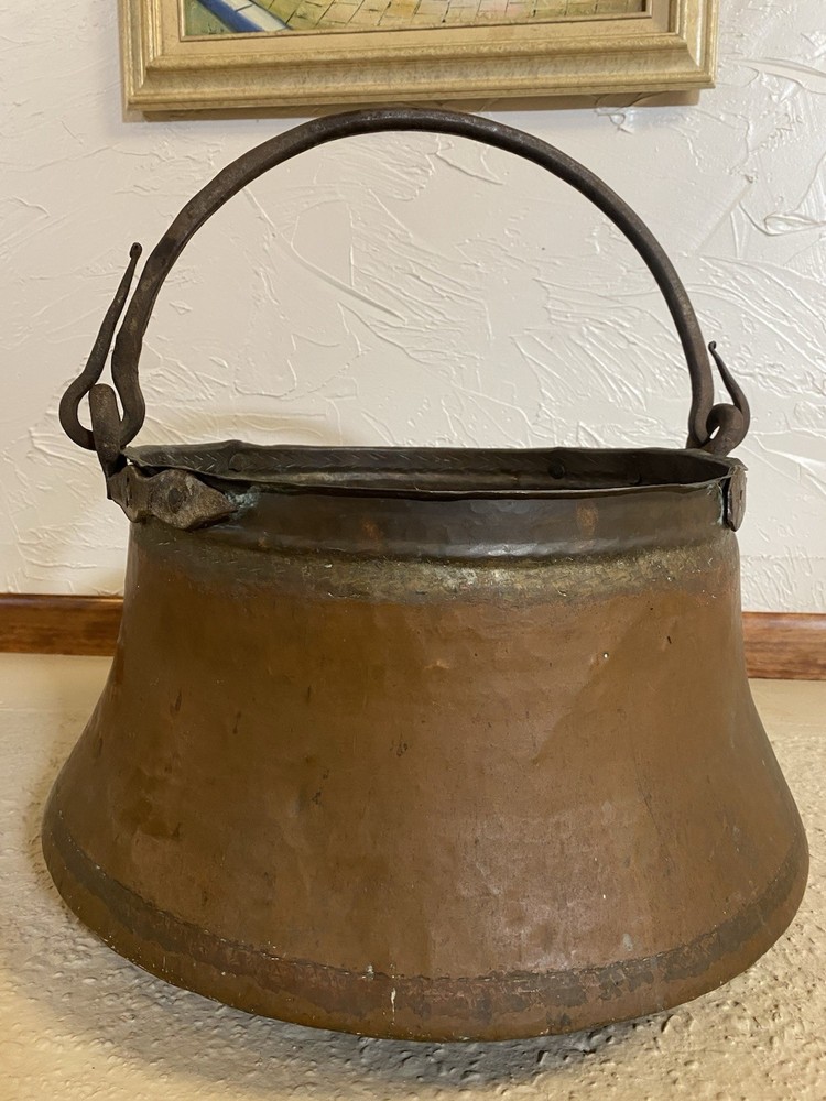 Antique Hand-Hammered Copper Cauldron with Wrought Iron Handle Large