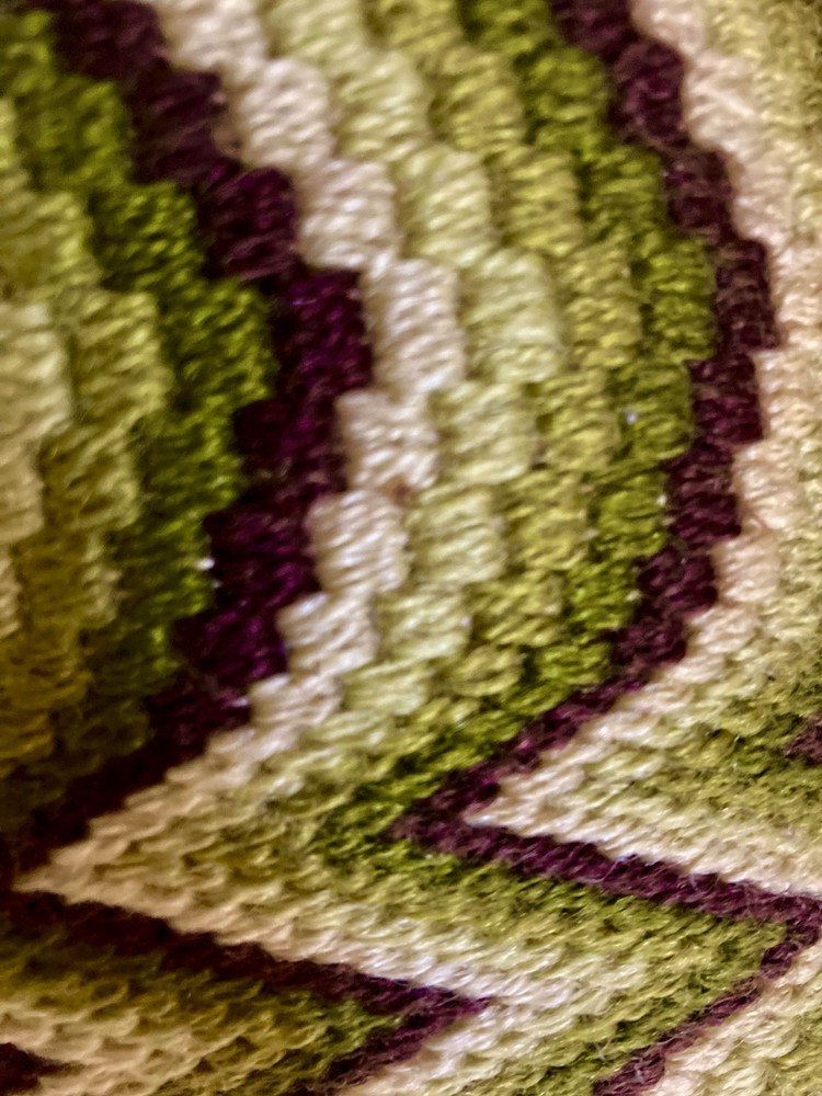 Red Oak Queen Anne Foot Stool Bench Wool Needle Point Geometric Pattern