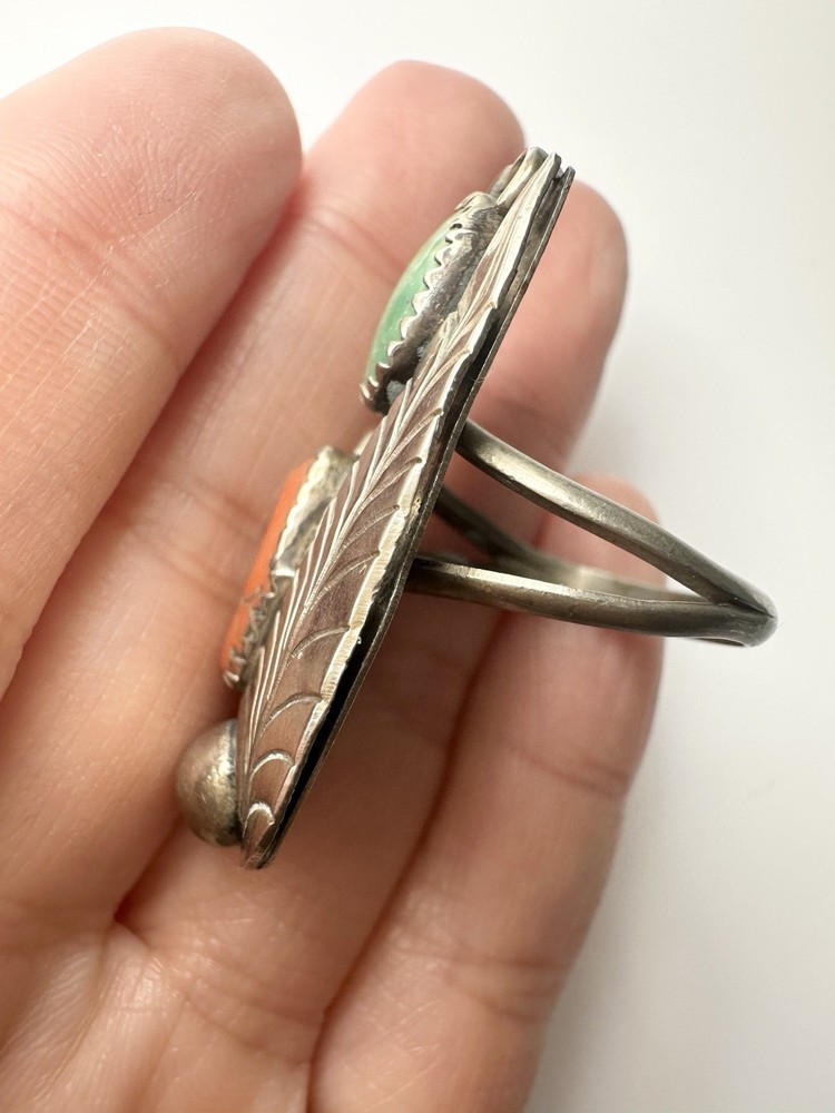 Native American Turquoise Coral Ring Size 7.75