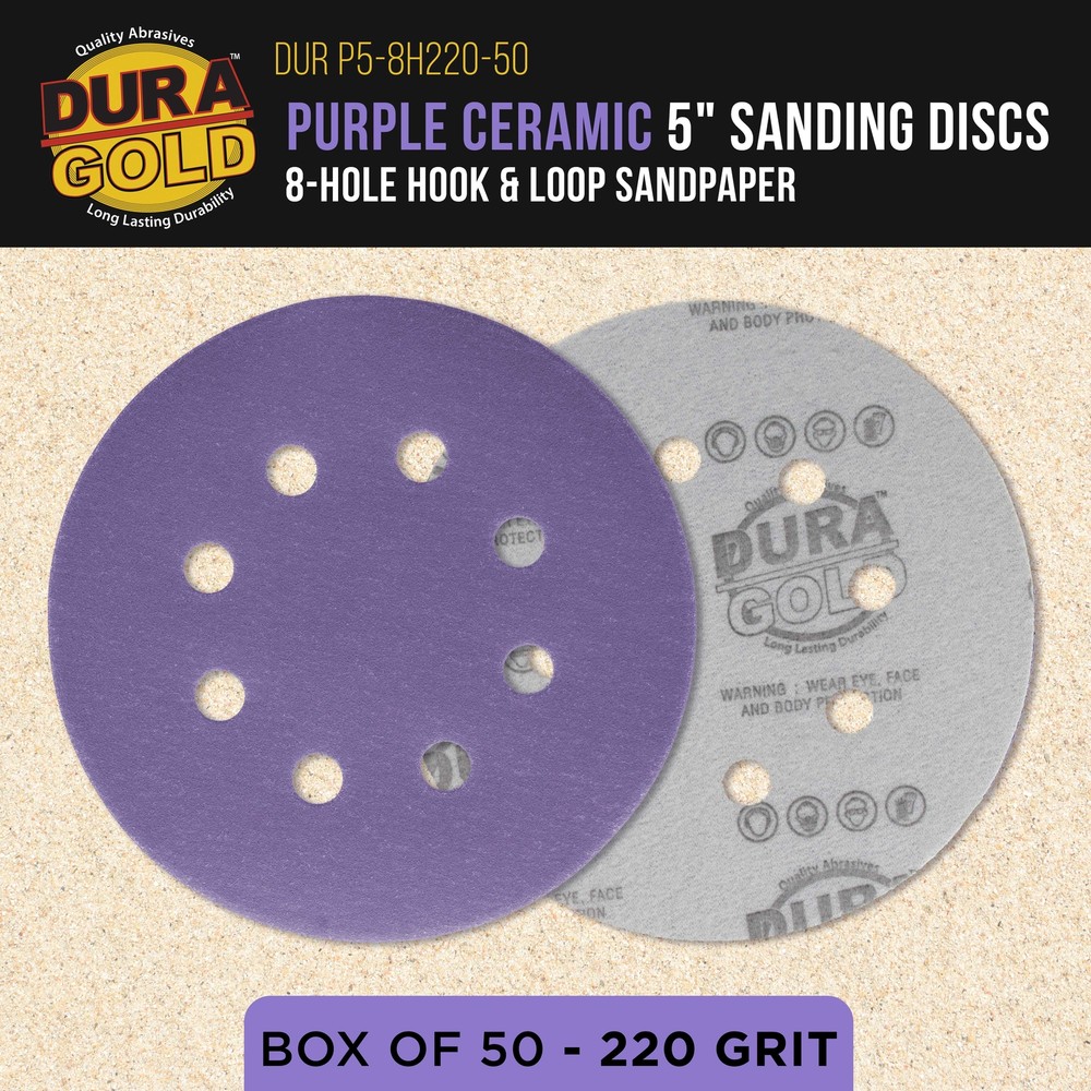 220 Grit 5" Ceramic Sanding Discs, 8-Hole, Box of 50 - Hook & Loop Sandpaper