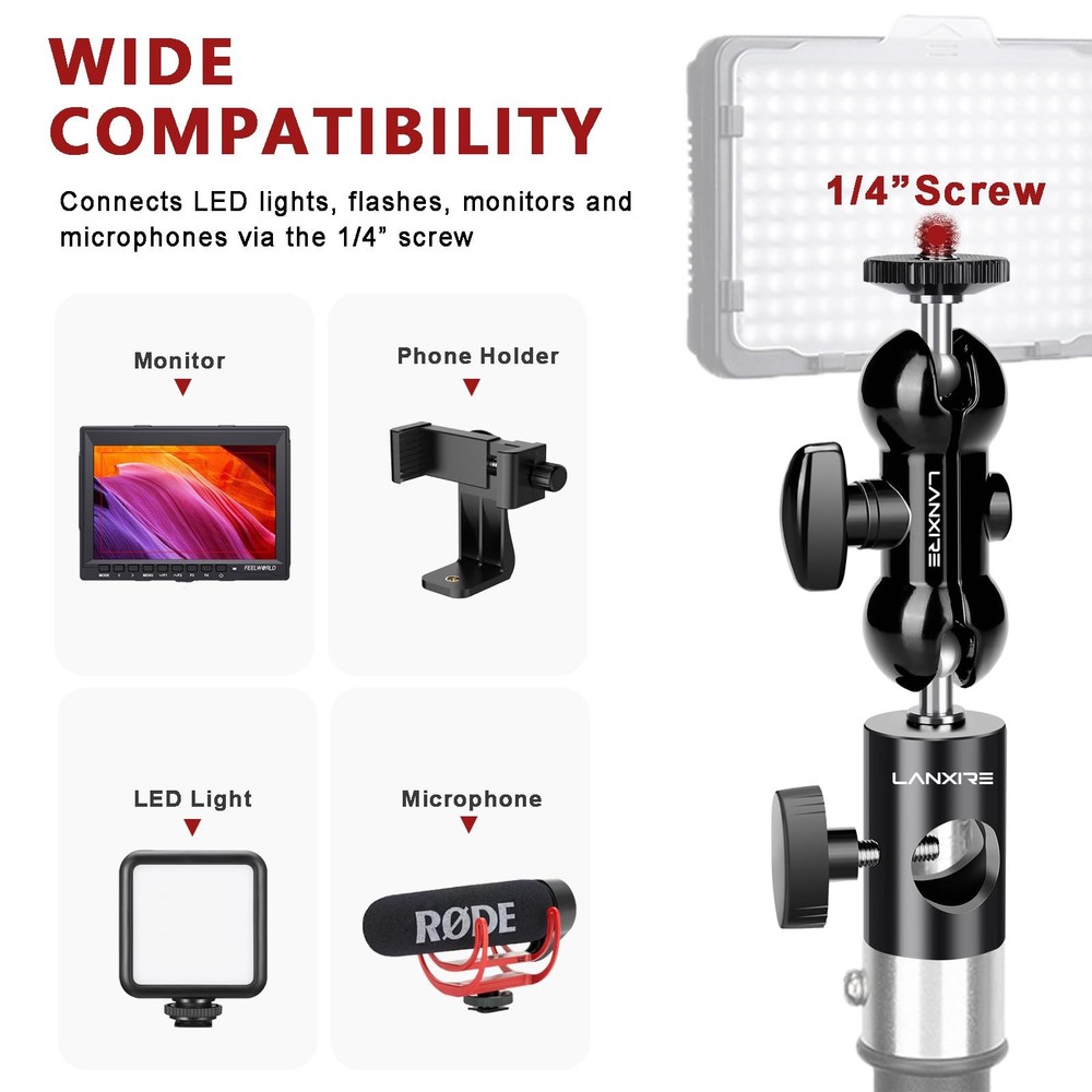 Light Stand Mount Adapter with Double Ball Head - Compatible with Ring Light ...