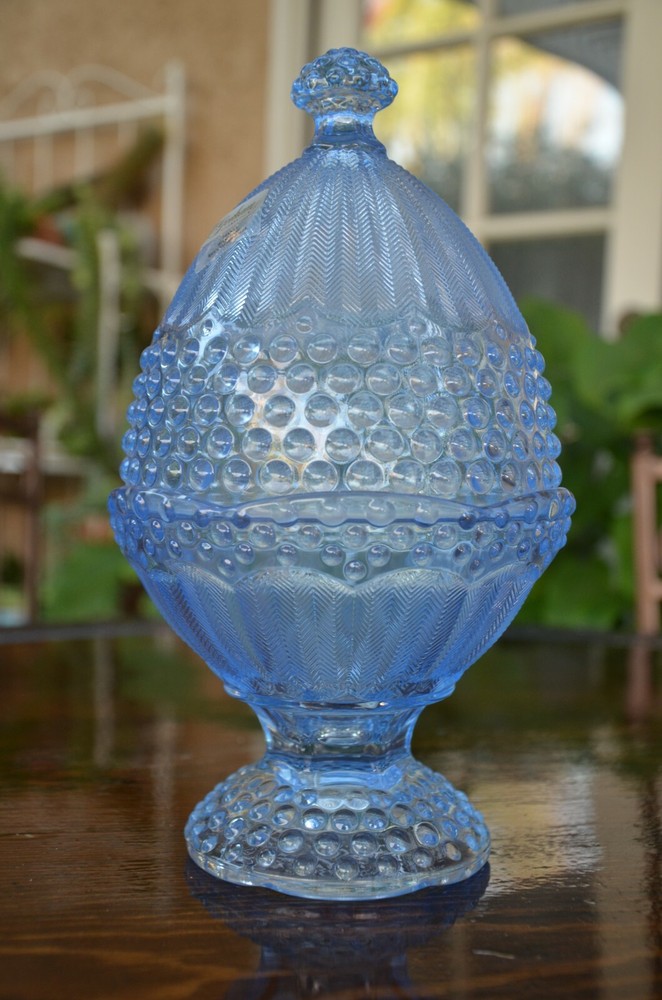 Gorham blue glass Easter egg covered dish, 10" tall