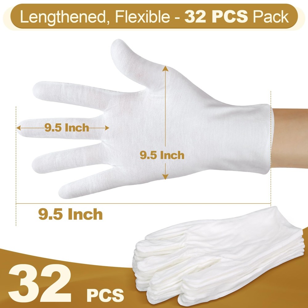 32PCS (16 Pairs) Thin White Gloves 90% Polyester - Overnight Moisturizing