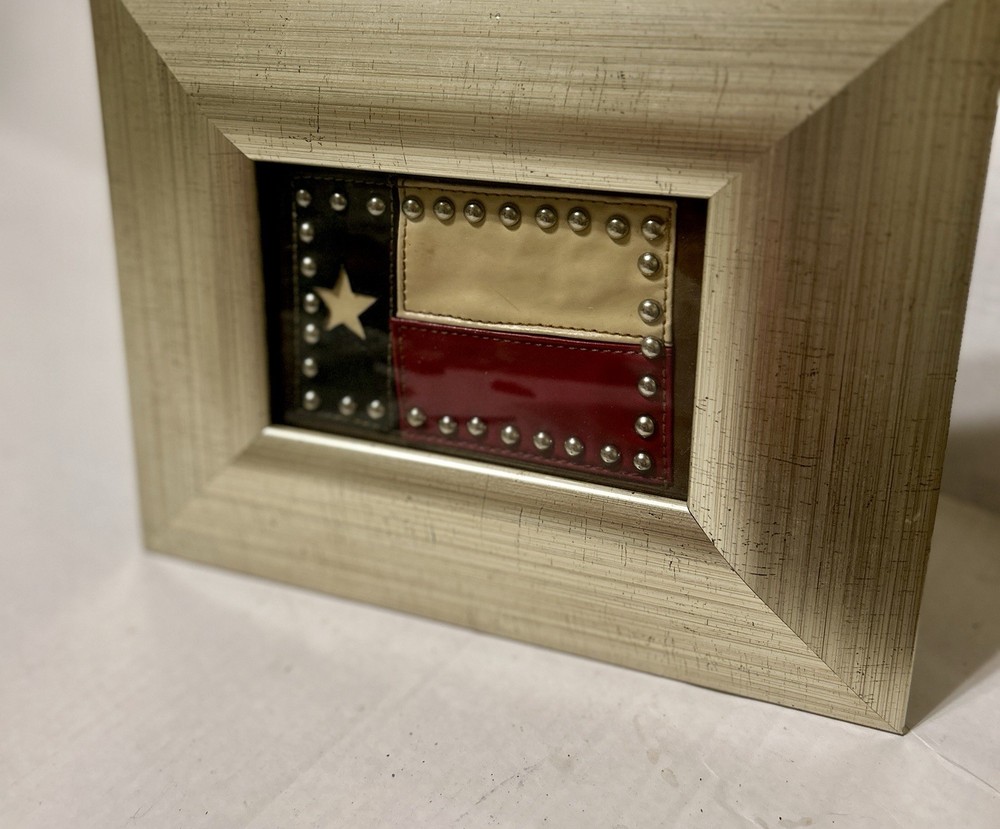 Framed Vintage TEXAS State Flag, Leather, Metal Studs, Unique Small