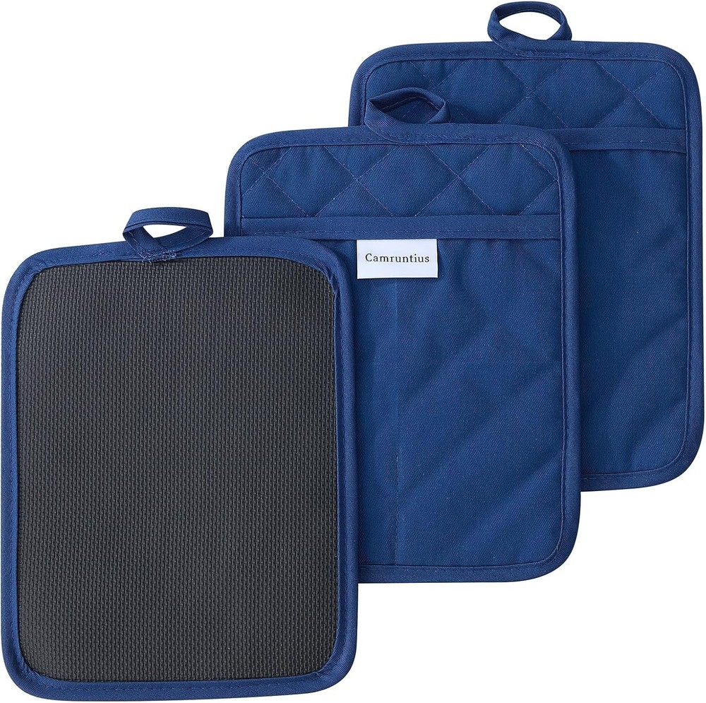 3-Pcs Kitchen Pot Holders 7"x9" Rectangular Pocket Cotton & Neoprene Navy Blue