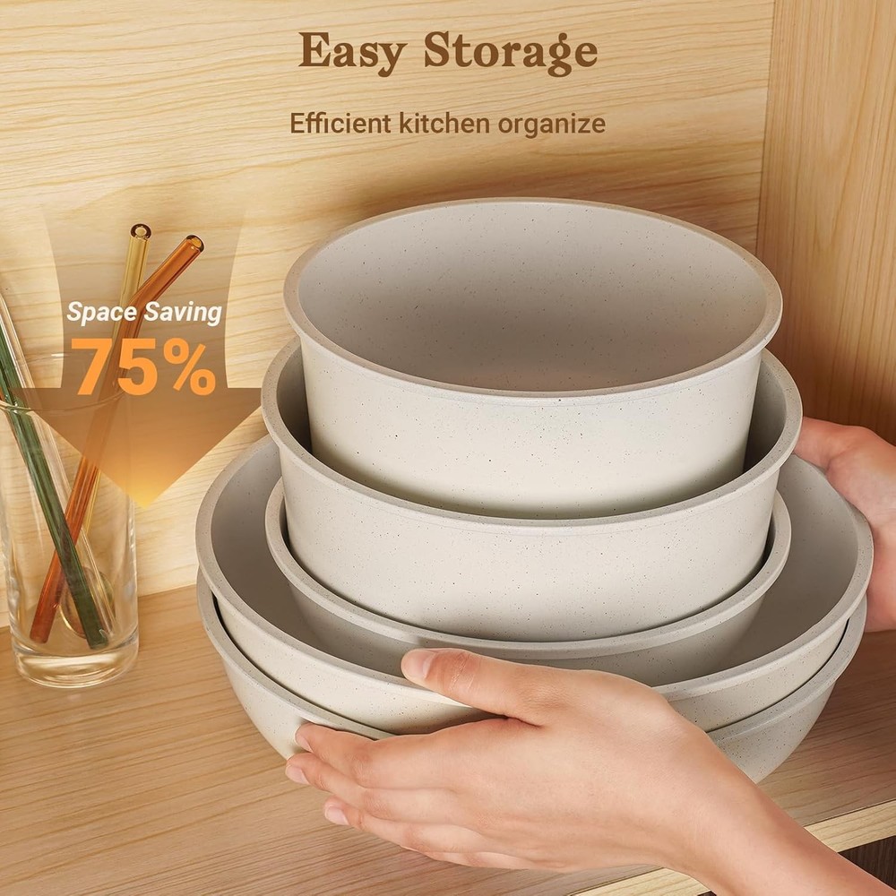 15PC Nonstick Cookware Set Detachable Handle RV Induction Stackable White