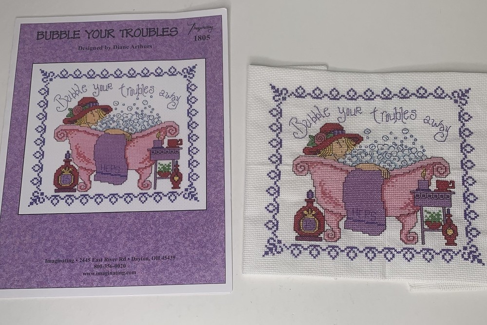 Completed Bubble Your Troubles Away Counted Cross Stitch + Pattern Imaginating