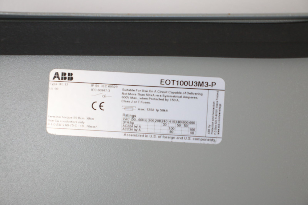ABB Enclosed Disconnect Switch model EOT100U3M3-P