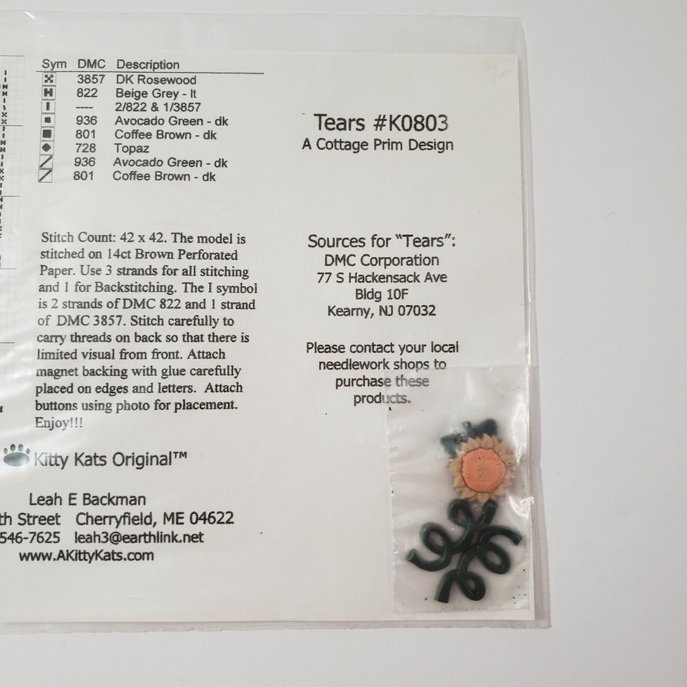 A Kitty Kats Orginal Tears Counted Cross Stitch Pattern Chart W/ Buttons
