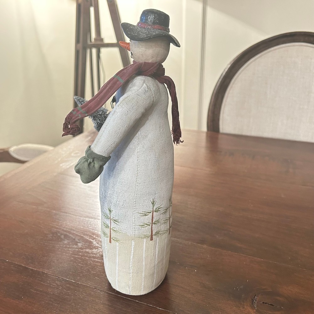 Primative Painted Canvas SNOWMAN w/Clay Head 12"