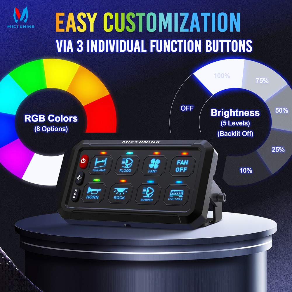 MICTUNING 8 Gang RGB LED Switch Panel Multifunction Circuit Control Relay System
