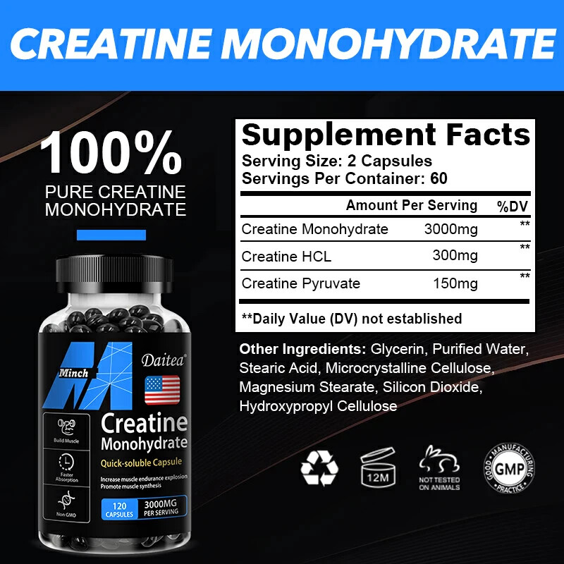 Creatine Monohydrate Capsules - 120 Capsules, 3,000mg per Serving